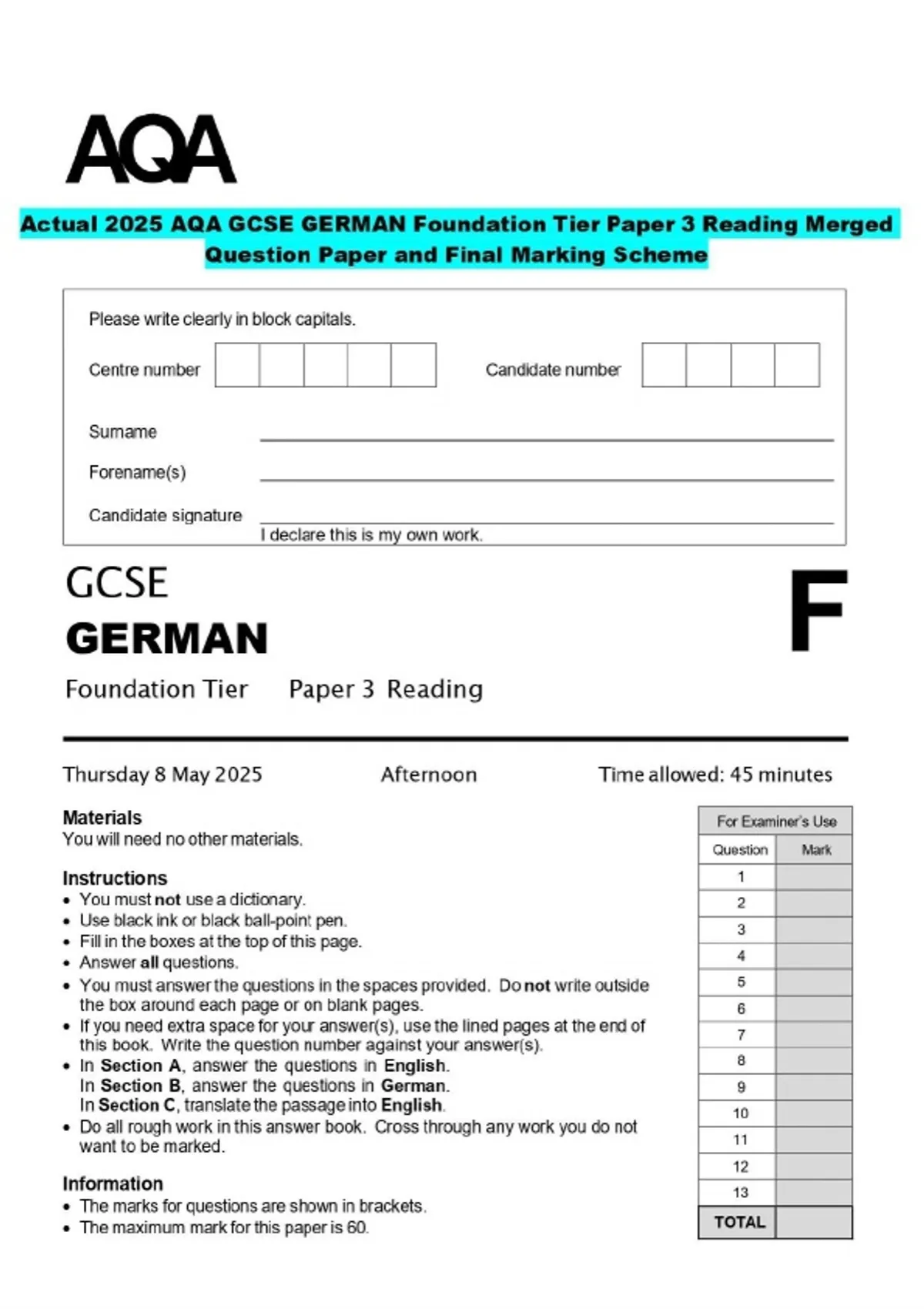 Actual 2025 AQA GCSE GERMAN Foundation Tier Paper 3 Reading Merged ...
