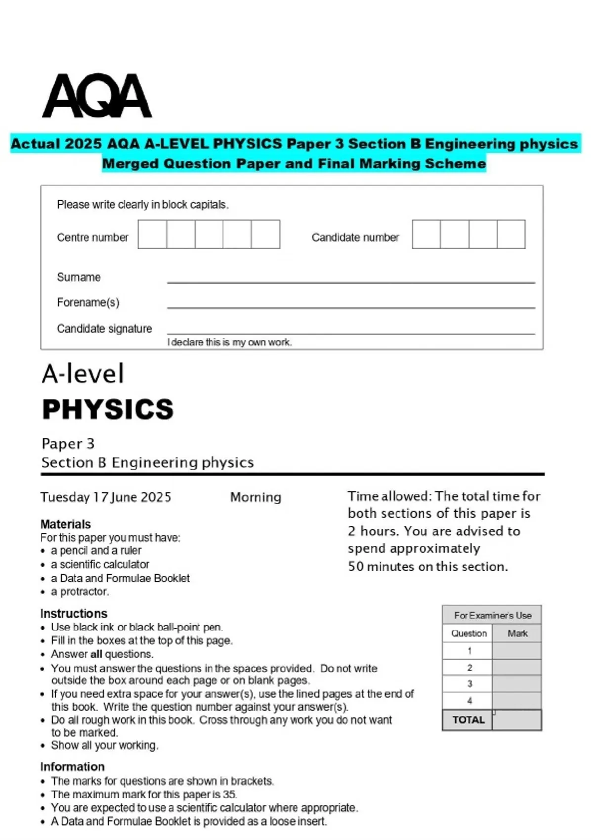 Actual 2025 AQA A-LEVEL PHYSICS Paper 3 Section B Engineering physics ...