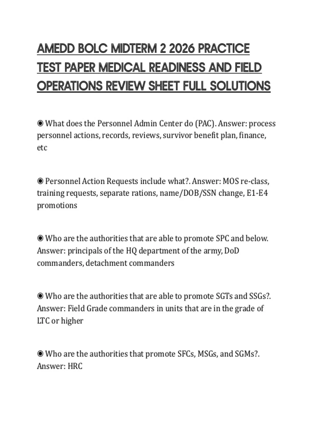 AMEDD BOLC MIDTERM 2 2026 PRACTICE TEST PAPER MEDICAL READINESS AND ...