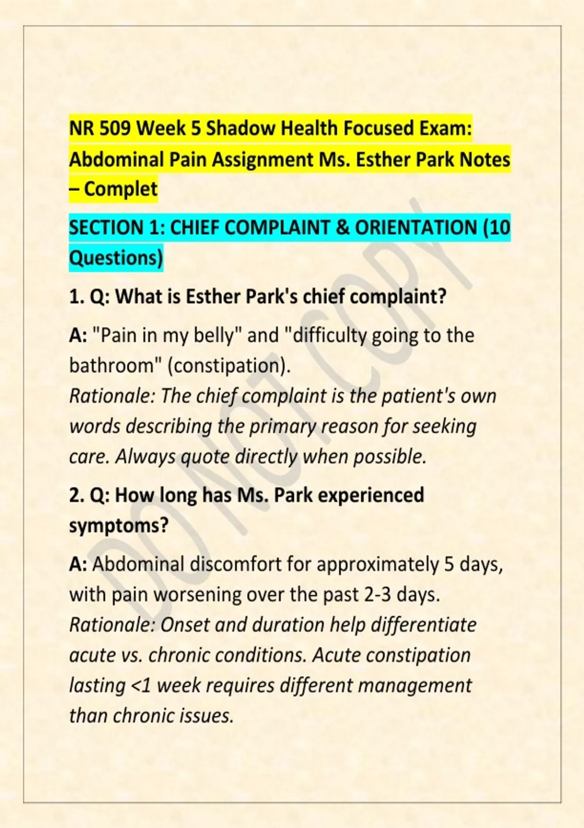 NR 509 Week 5 Shadow Health Focused Exam: Abdominal Pain Assignment Ms ...