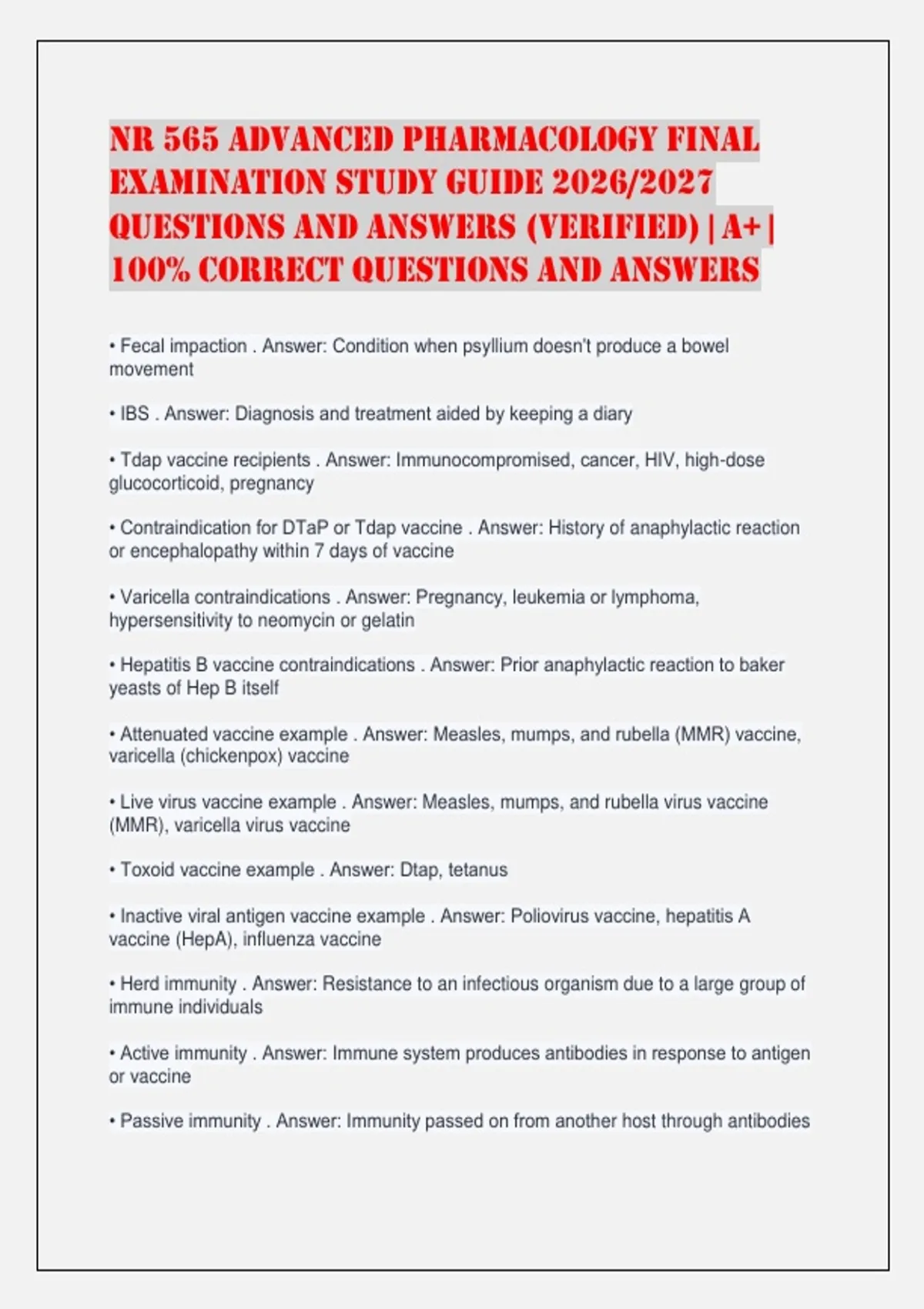 NR 565 Advanced Pharmacology Final Examination Study Guide 2026/2027 ...