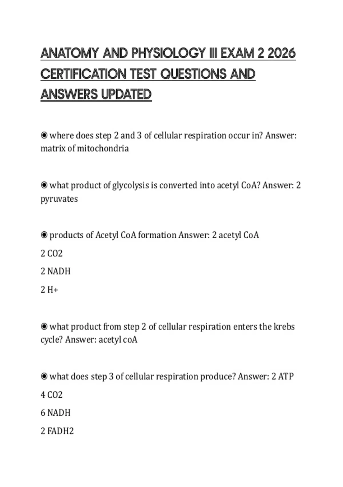 ANATOMY AND PHYSIOLOGY II EXAM 2 CERTIFICATION EVALUATION TEST PAPER ...