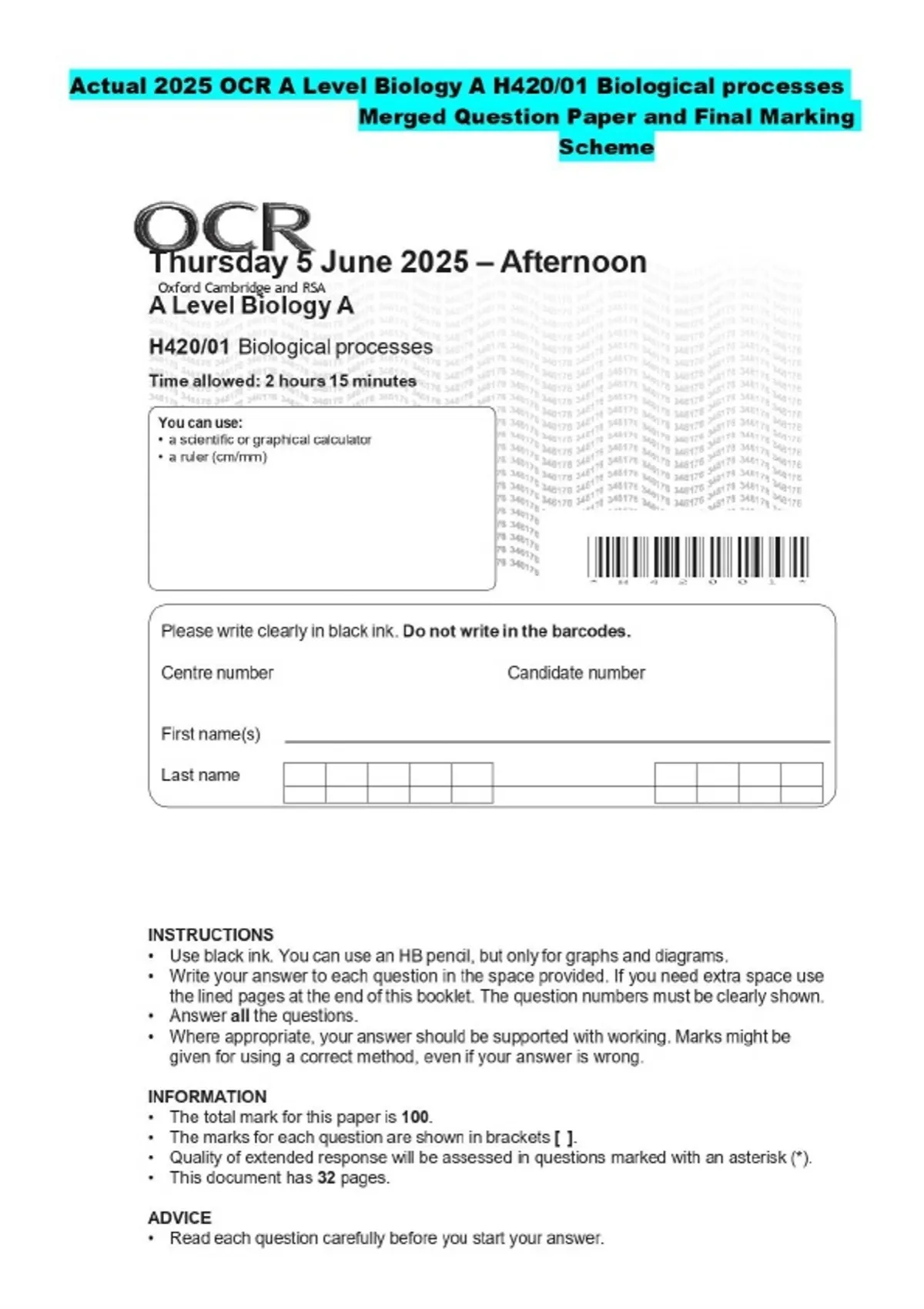 Actual 2025 OCR A Level Biology A H420/01 Biological processes Merged ...