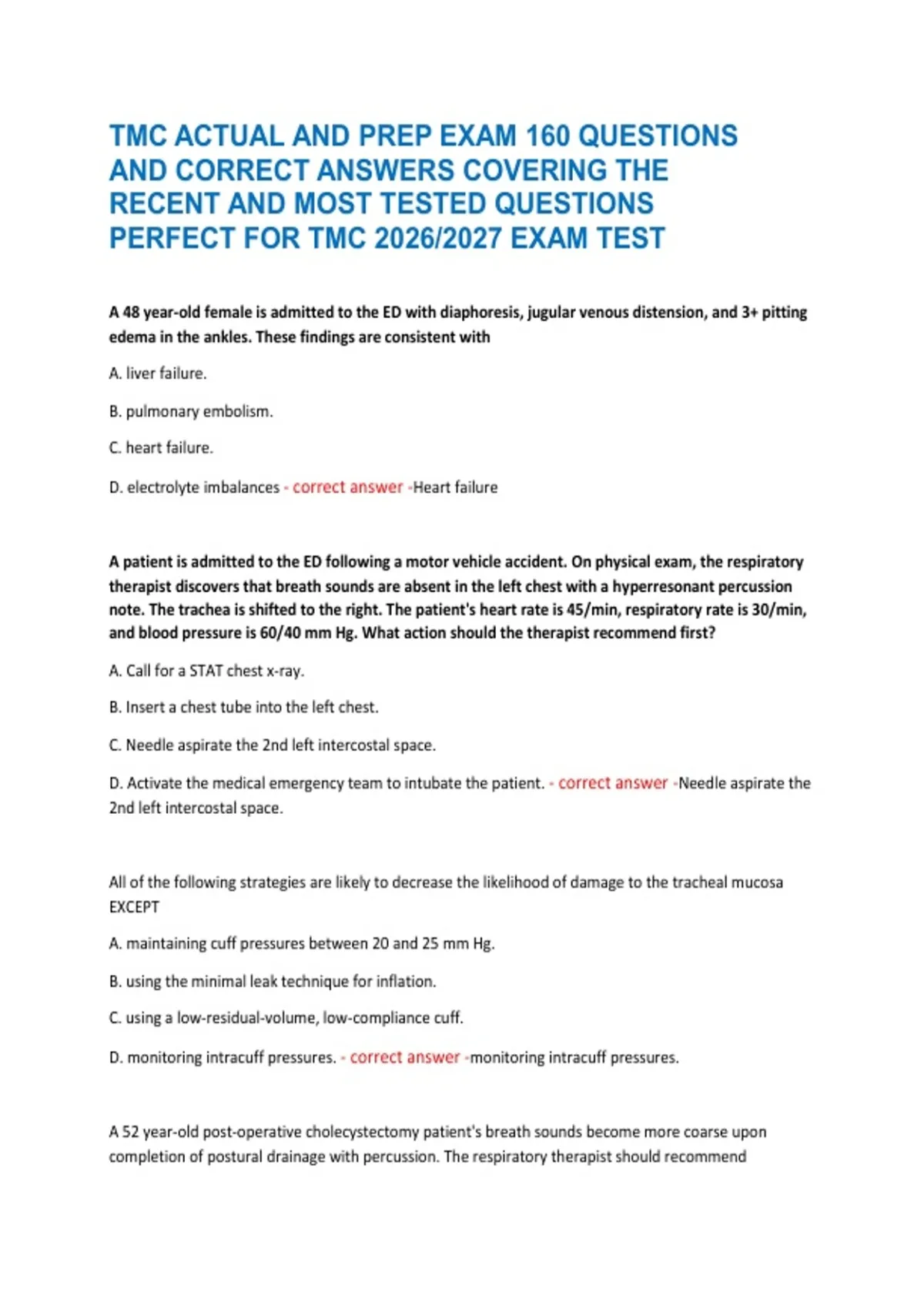 TMC ACTUAL AND PREP EXAM 160 QUESTIONS AND CORRECT ANSWERS COVERING THE ...