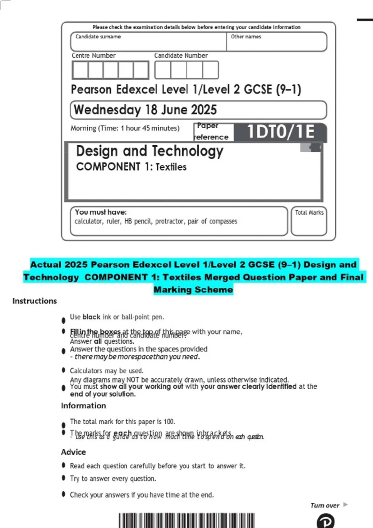 Actual 2025 Pearson Edexcel Level 1/Level 2 GCSE (9–1) Design and ...