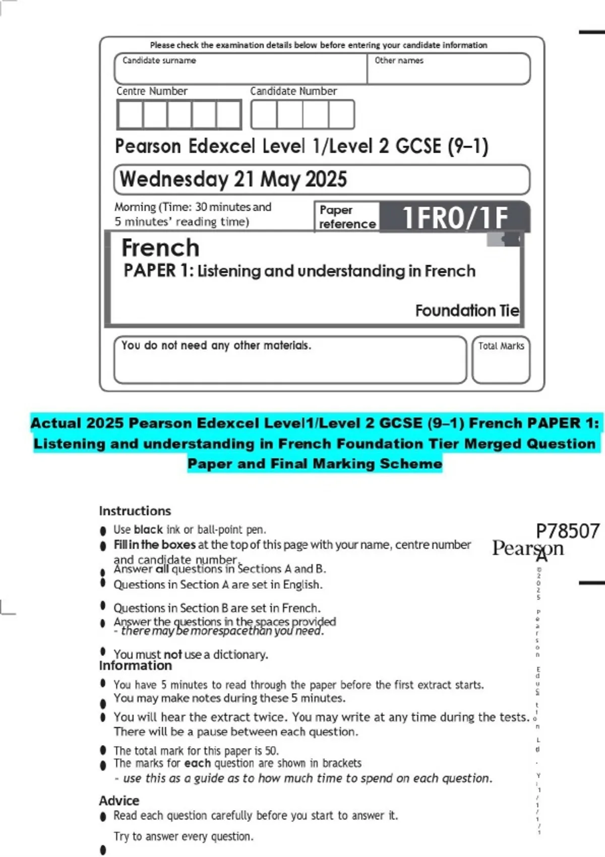 Actual 2025 Pearson Edexcel Level 1/Level 2 GCSE (9–1) French Complete ...