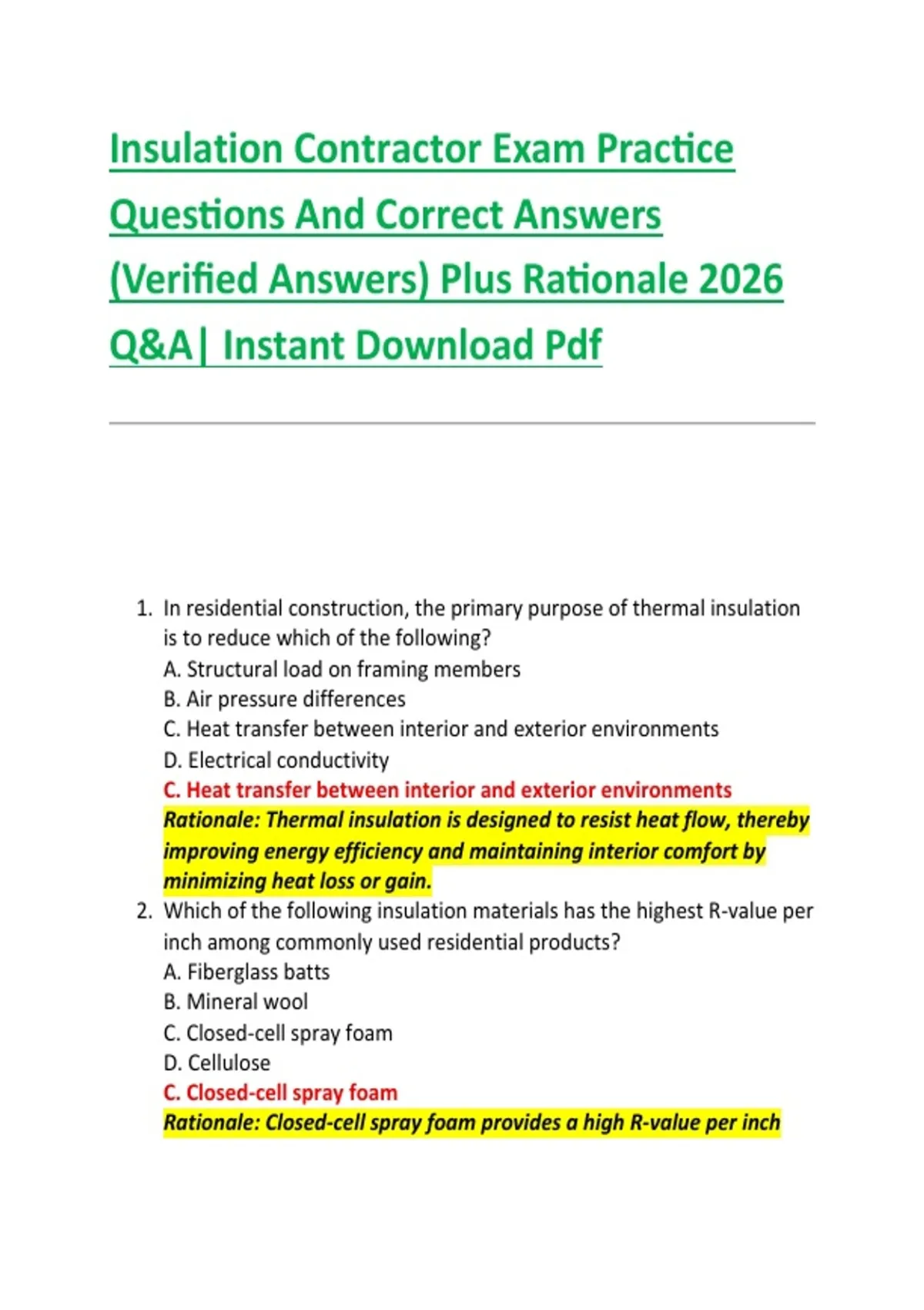 Insulation Contractor Exam Practice Questions And Correct Answers ...