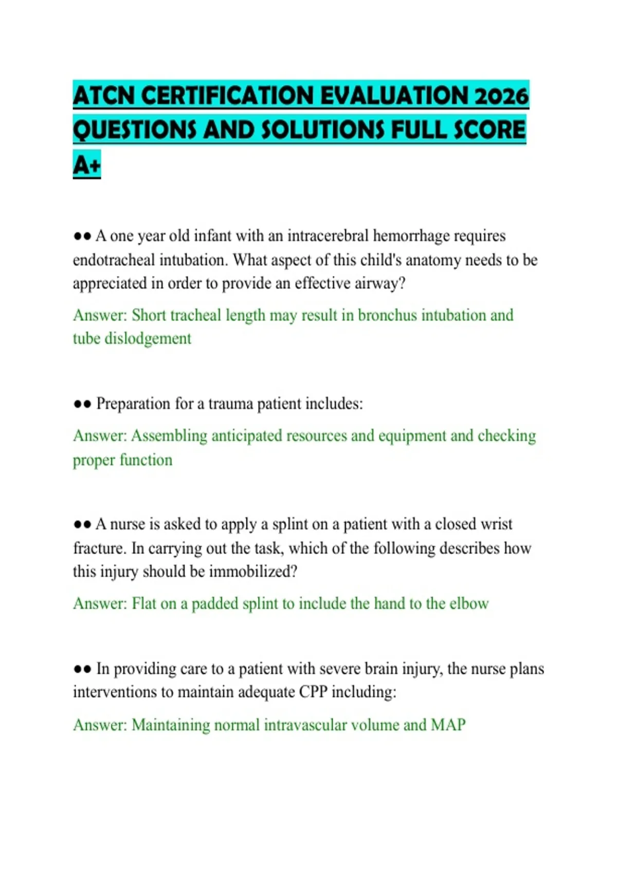 ATCN CERTIFICATION EVALUATION 2026 QUESTIONS AND SOLUTIONS FULL SCORE ...