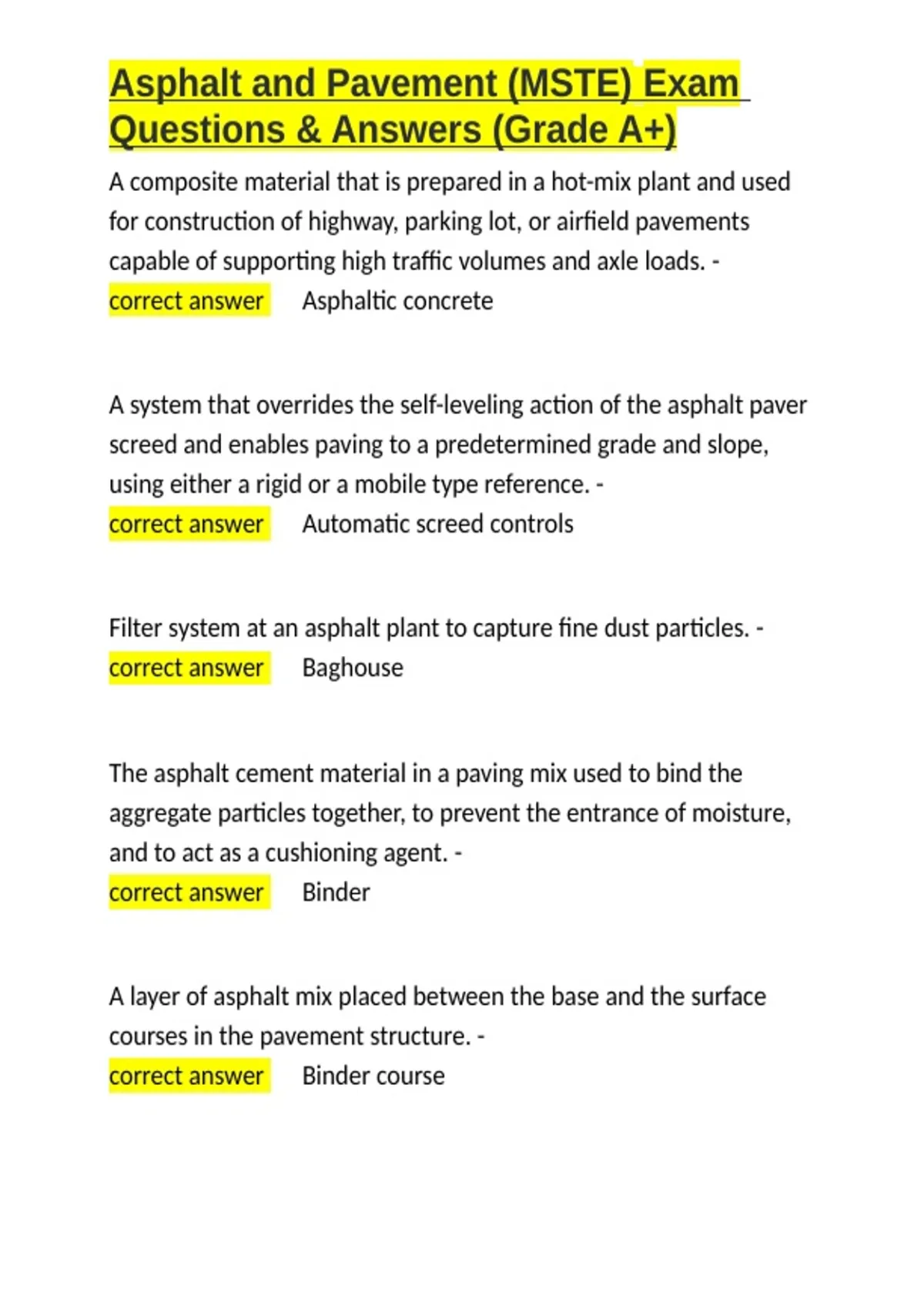 Mste Matrix Questions Asphalt and Pavement (MSTE) Exam Questions & Answers (Grade A+).docx ...