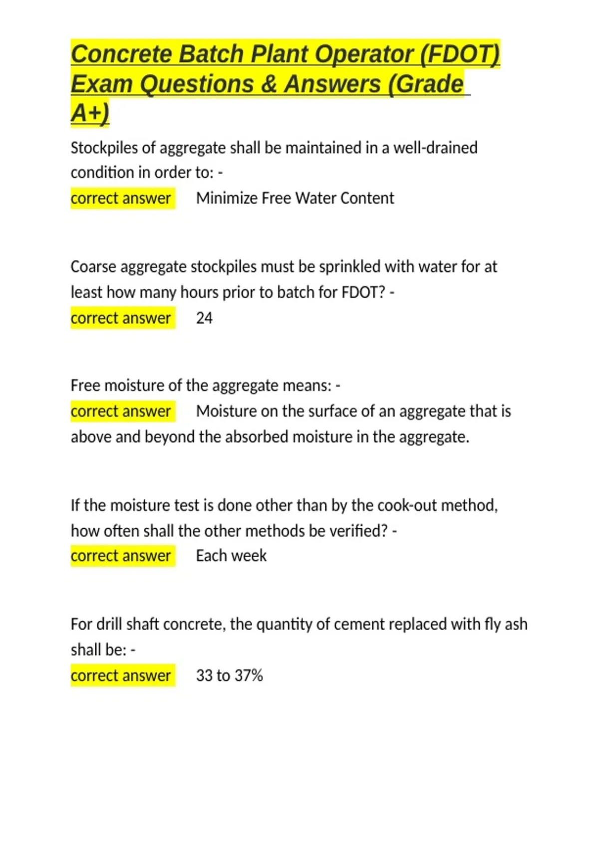 Fdot Construction Math Answer Key Concrete Batch Plant Operator (FDOT) Exam Questions & Answers (Grade A+ ...