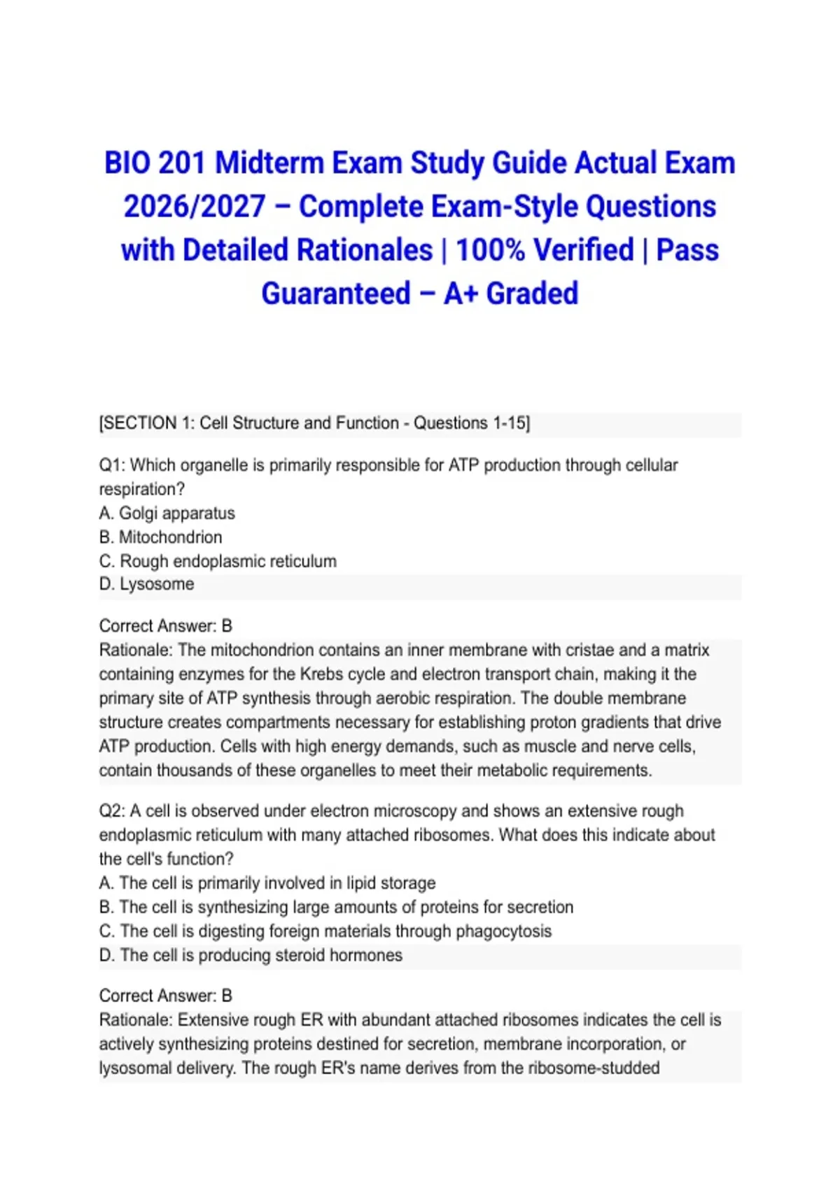 BIO 201 Midterm Exam Study Guide Actual Exam 2026/2027 – Complete Exam ...