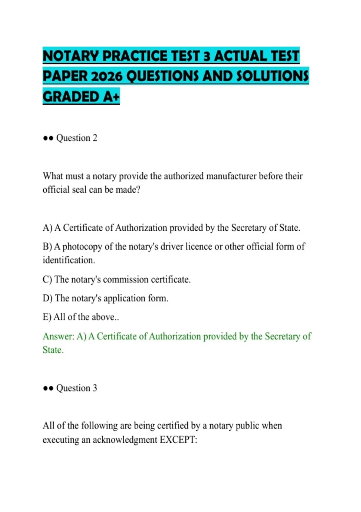 NOTARY PRACTICE TEST 3 ACTUAL TEST PAPER 2026 QUESTIONS AND SOLUTIONS ...
