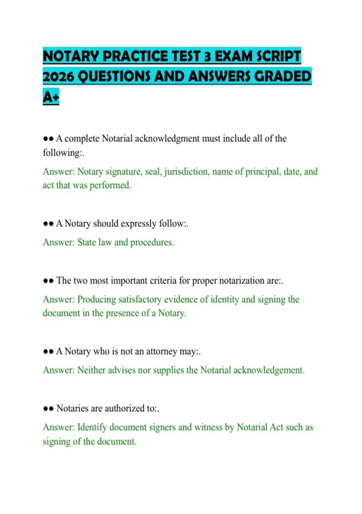 NOTARY PRACTICE TEST 3 EXAM SCRIPT 2026 QUESTIONS AND ANSWERS GRADED A+ ...