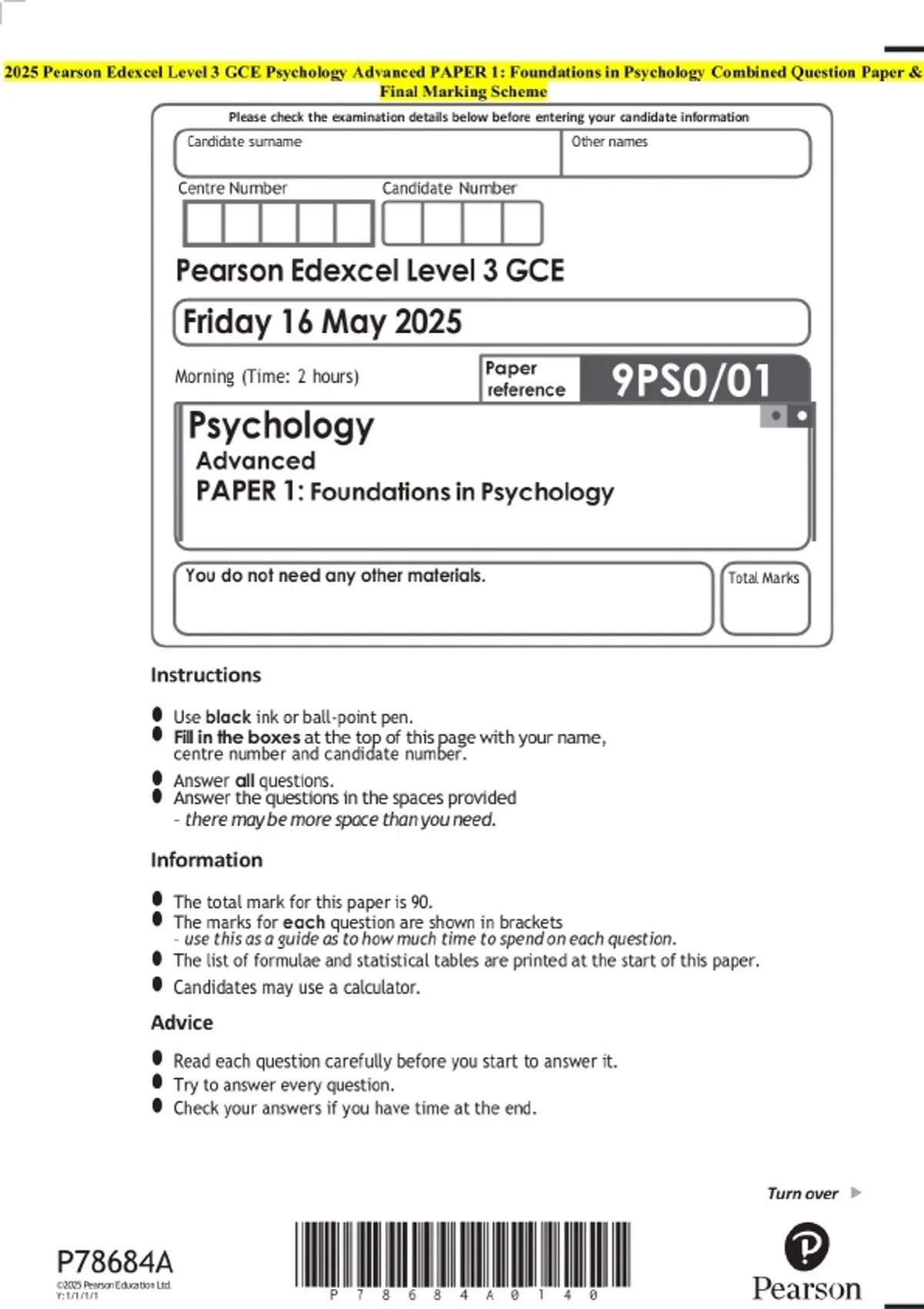 Pearson Edexcel Level 3 GCE Psychology Advanced PAPER 1: Foundations in ...