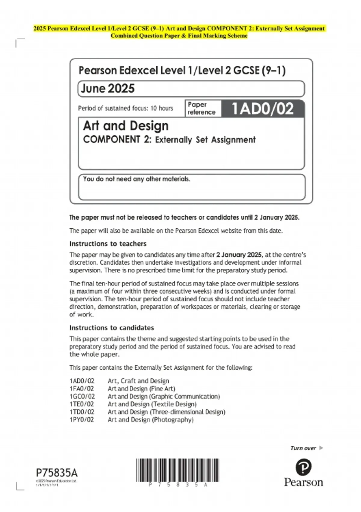 Pearson Example Homework Pearson Edexcel Level 1/Level 2 GCSE (9–1) Art and Design COMPONENT 2 ...