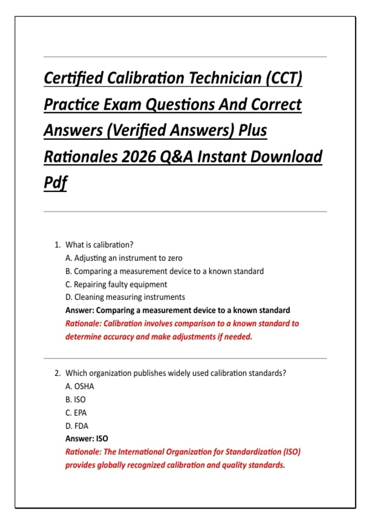 Certified Calibration Technician (CCT) Practice Exam Questions And ...