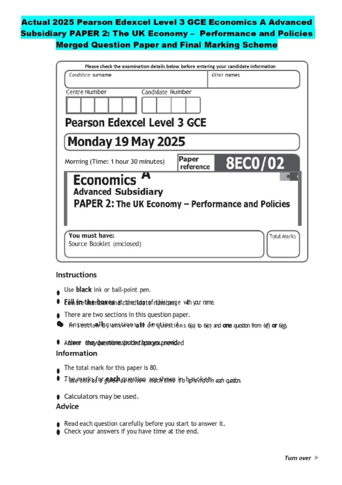 Actual 2025 Pearson Edexcel Level 3 GCE Economics A Advanced Subsidiary ...