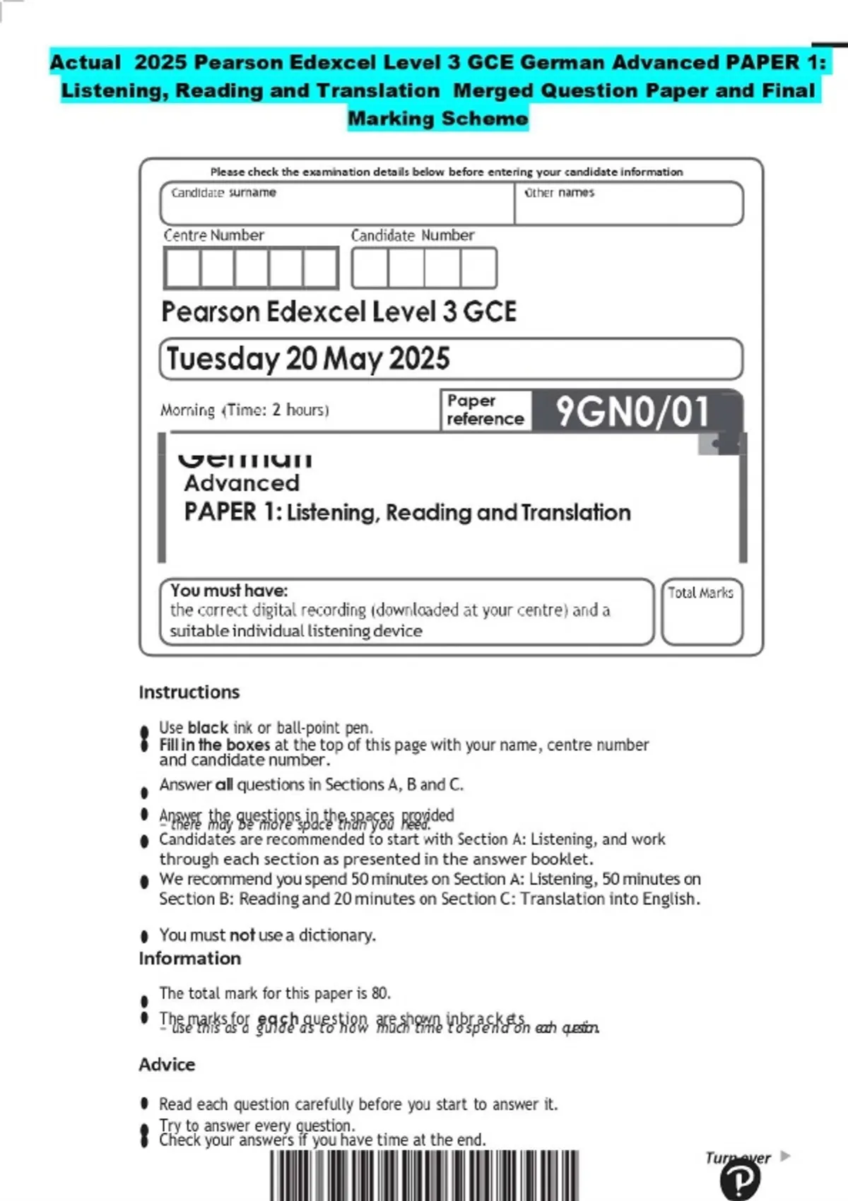 Actual 2025 Pearson Edexcel Level 3 GCE German Advanced PAPER 1 ...
