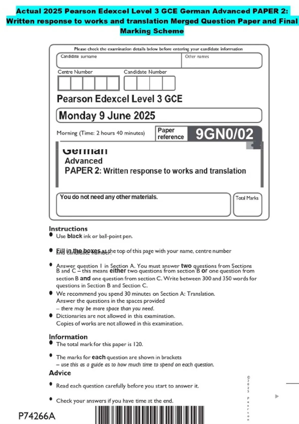 Actual 2025 Pearson Edexcel Level 3 GCE German Advanced PAPER 2 ...