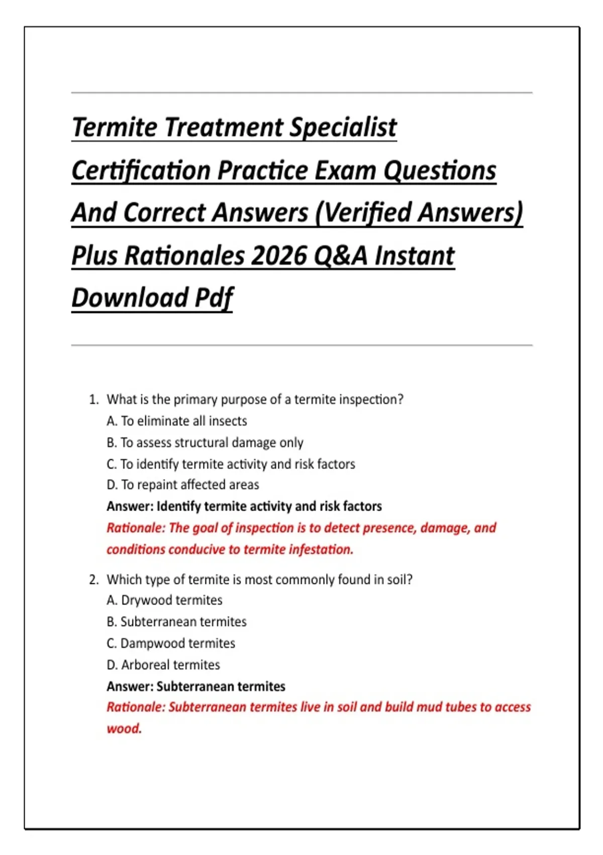 Termite Flash Card.pdf Termite Treatment Specialist Certification Practice Exam Questions And ...