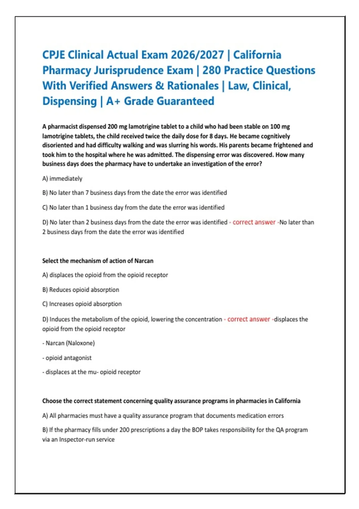 CPJE Clinical Actual Exam 2026/2027 | California Pharmacy Jurisprudence ...