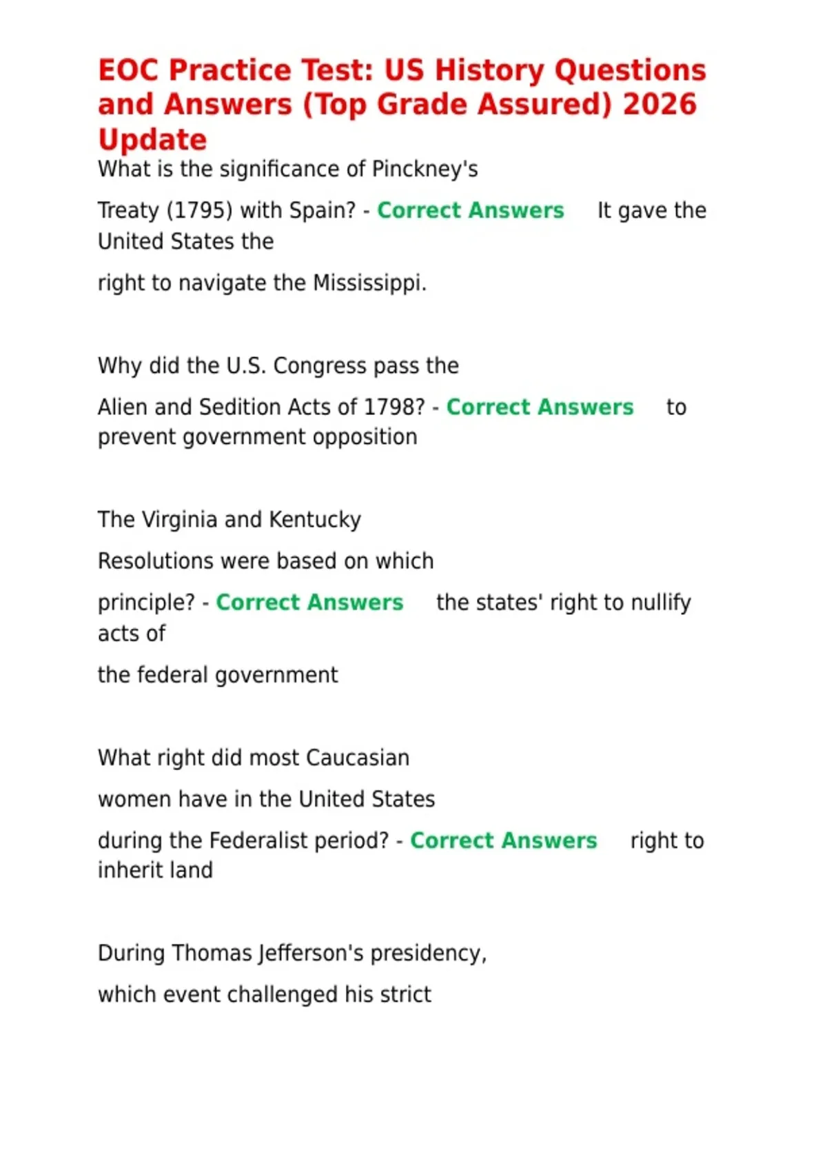 EOC Practice Test US History Questions and Answers (Top Grade Assured ...