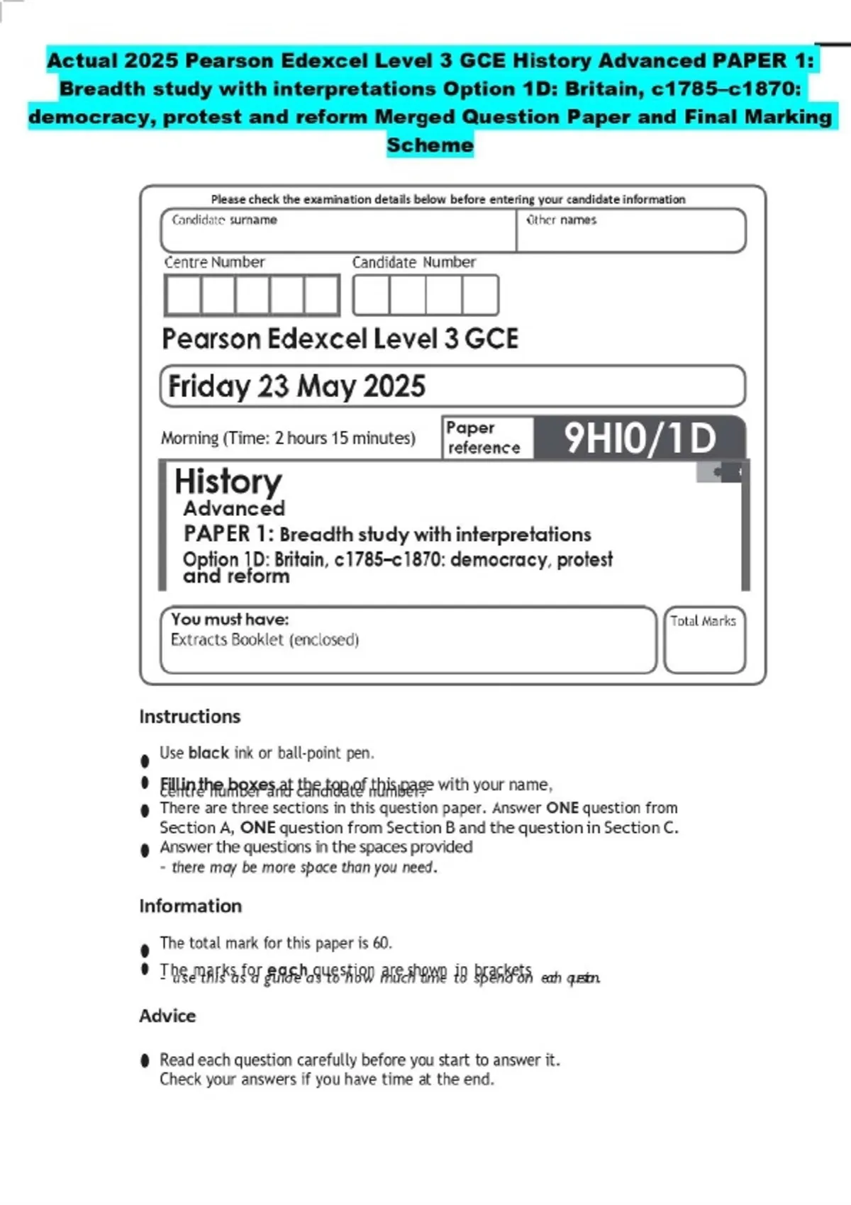 Actual 2025 Pearson Edexcel Level 3 GCE History Advanced PAPER 1 ...