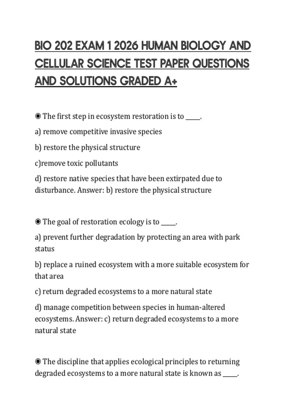 BIO 202 EXAM 1 2026 HUMAN BIOLOGY AND CELLULAR SCIENCE TEST PAPER ...