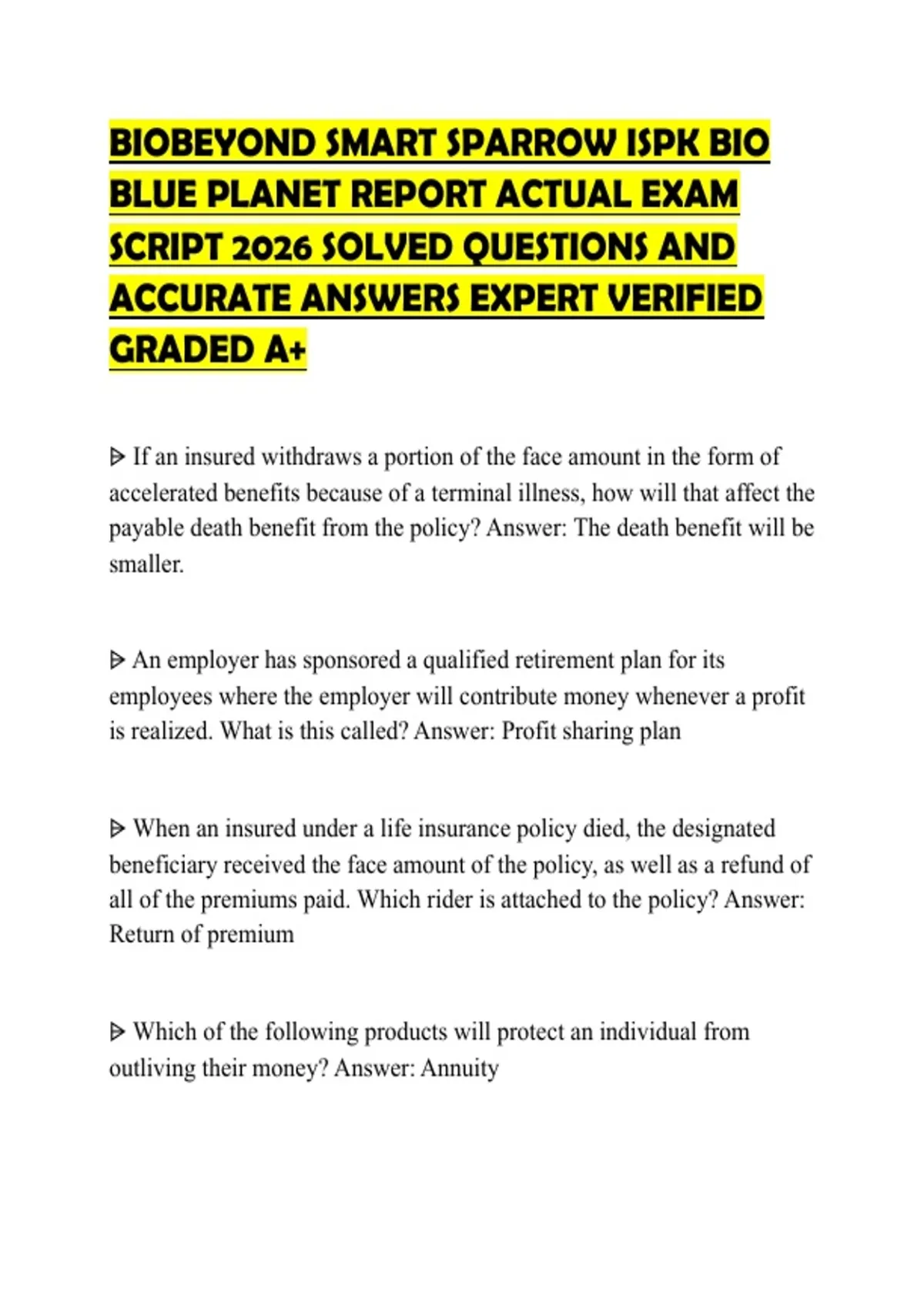 BIOBEYOND SMART SPARROW ISPK BIO BLUE PLANET REPORT ACTUAL EXAM SCRIPT ...