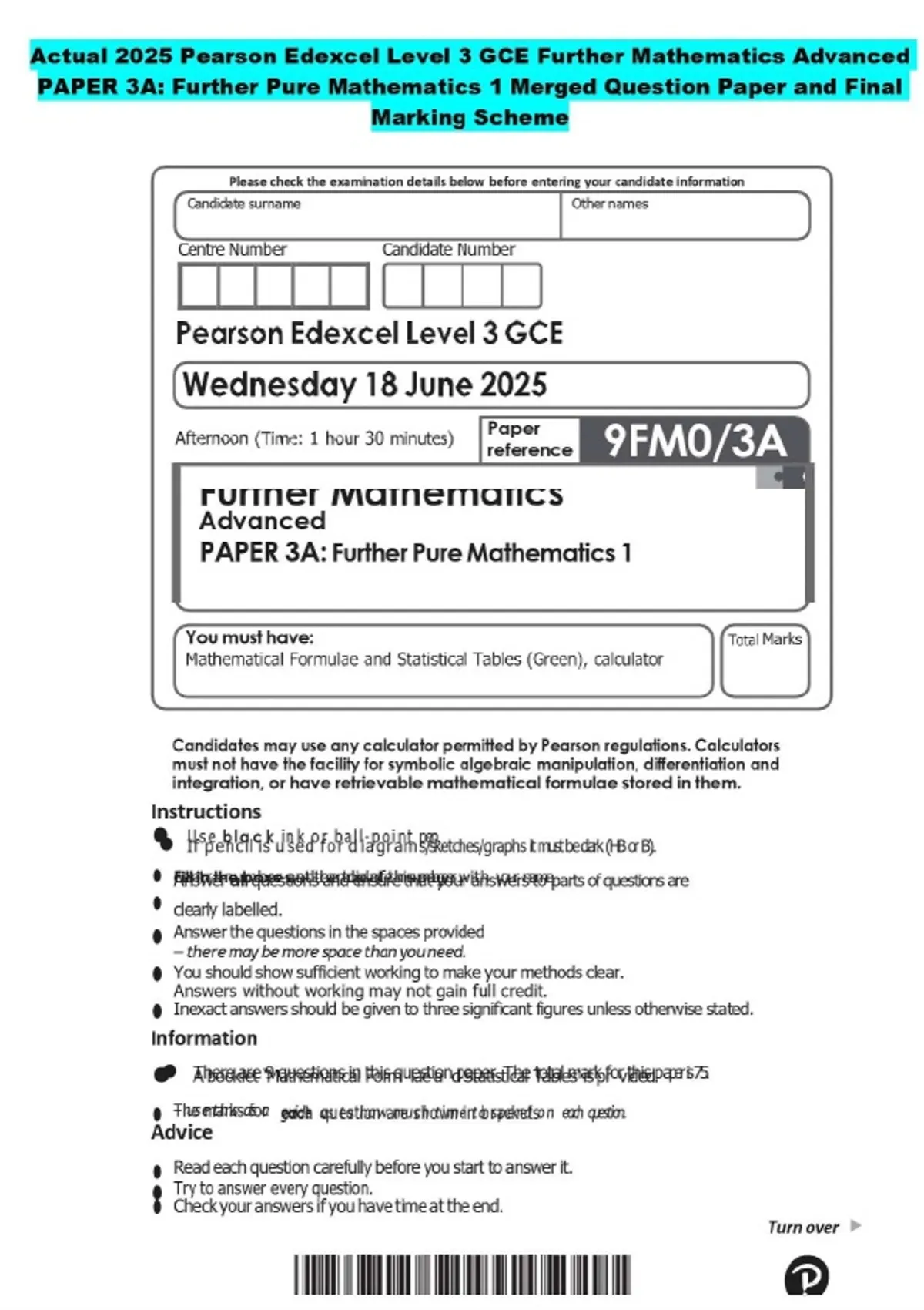 Actual 2025 Pearson Edexcel Level 3 GCE Further Mathematics Advanced ...