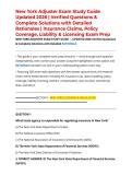 New York Adjuster Exam Study Guide Updated 2026 &vert; Verified Questions & Complete Solutions with Detailed Rationales &vert; Insurance Claims&comma; Policy Coverage&comma; Liability & Licensing Exam Prep