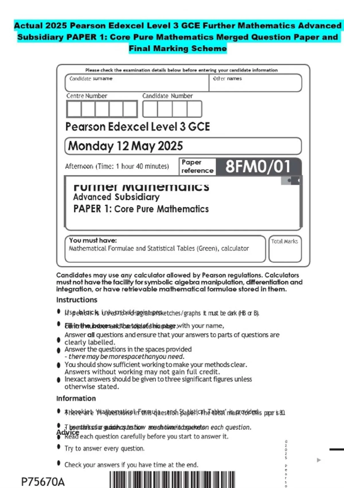 Actual 2025 Pearson Edexcel Level 3 GCE Further Mathematics Advanced ...