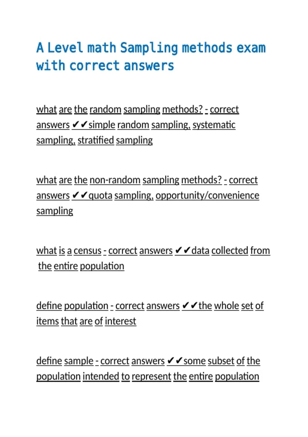 A Level math Sampling methods exam with correct answers - AQA A Level ...