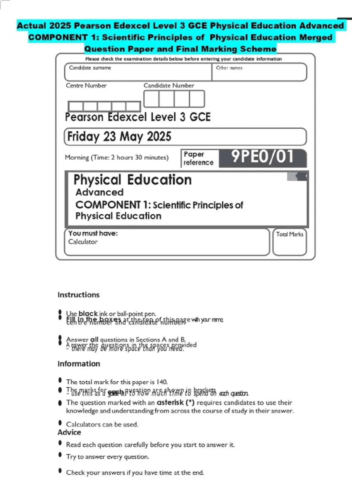 Actual 2025 Pearson Edexcel Level 3 GCE Physical Education Advanced ...