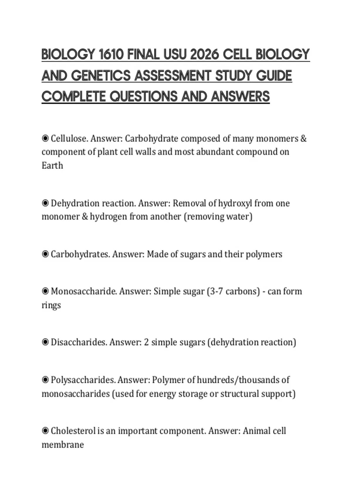 BIOLOGY 1610 FINAL USU 2026 CELL BIOLOGY AND GENETICS ASSESSMENT STUDY ...