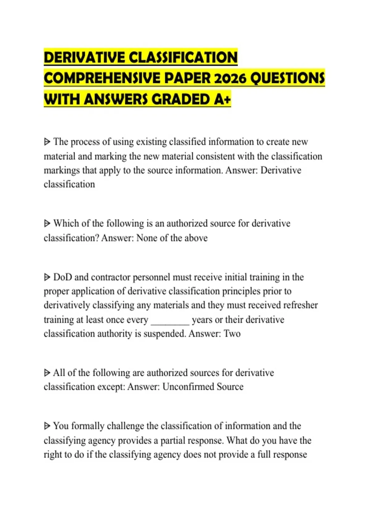 DERIVATIVE CLASSIFICATION COMPREHENSIVE PAPER 2026 QUESTIONS WITH ...