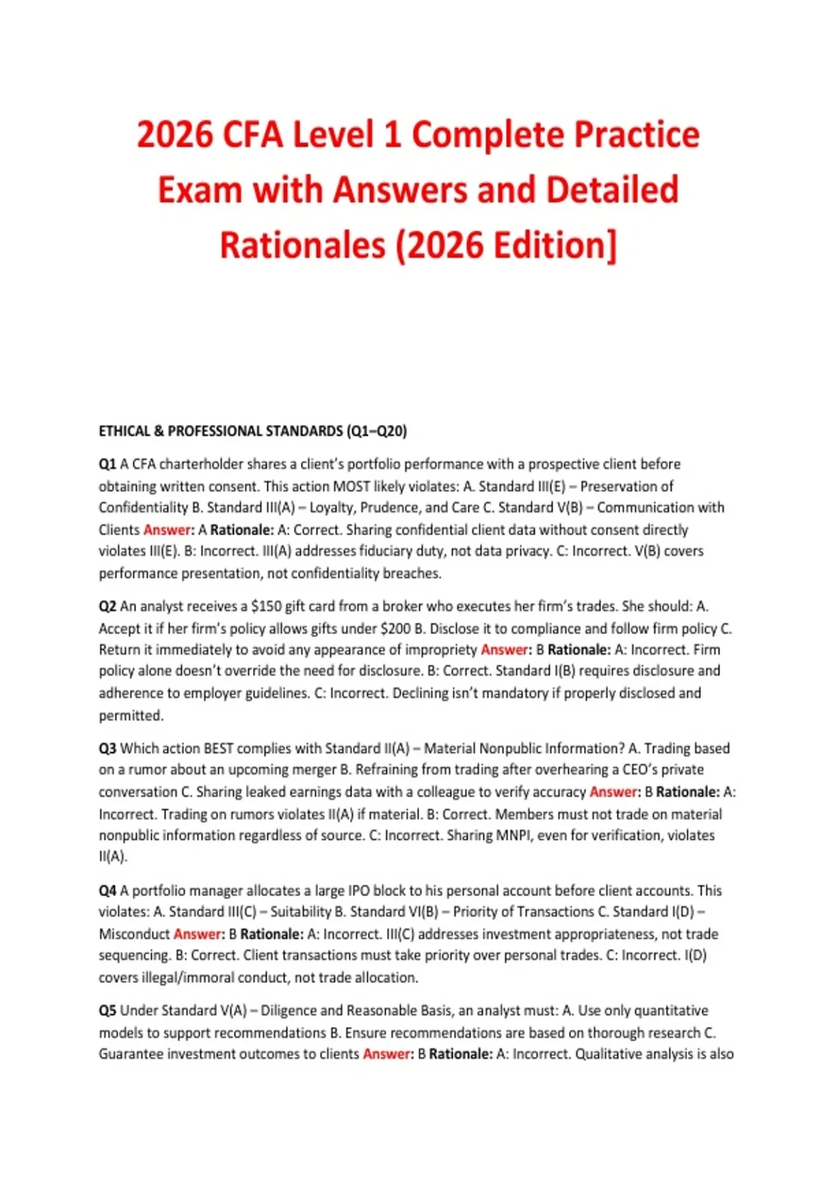 2026 CFA Level 1 Complete Practice Exam with Answers and Detailed ...