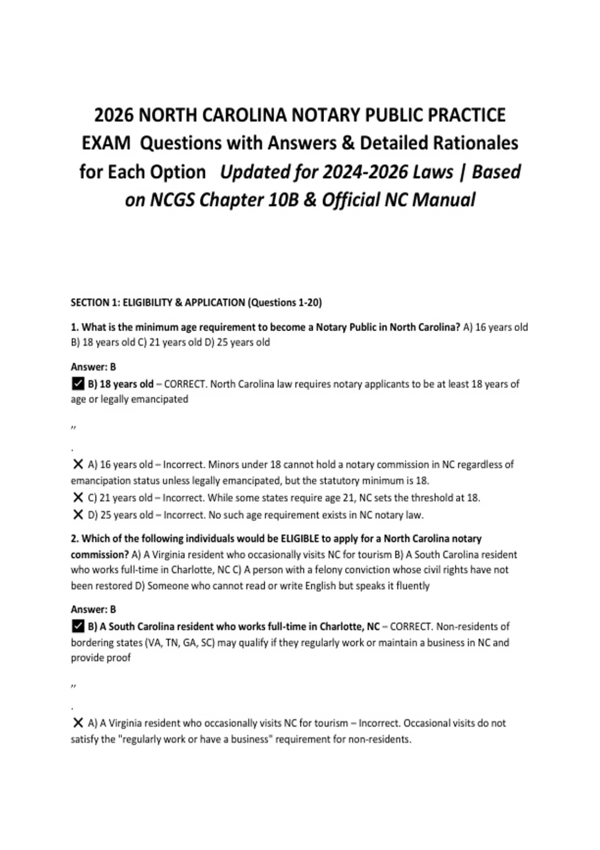 2026 NORTH CAROLINA NOTARY PUBLIC PRACTICE EXAM Questions with Answers ...