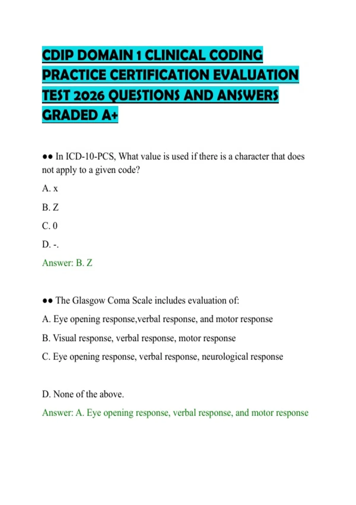 CDIP DOMAIN 1 CLINICAL CODING PRACTICE CERTIFICATION EVALUATION TEST ...