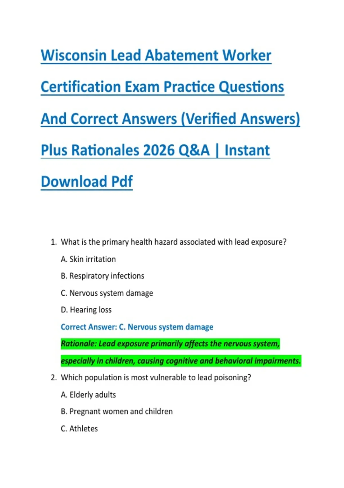 Wisconsin Lead Program Wisconsin Lead Abatement Worker Certification Exam Practice Questions ...