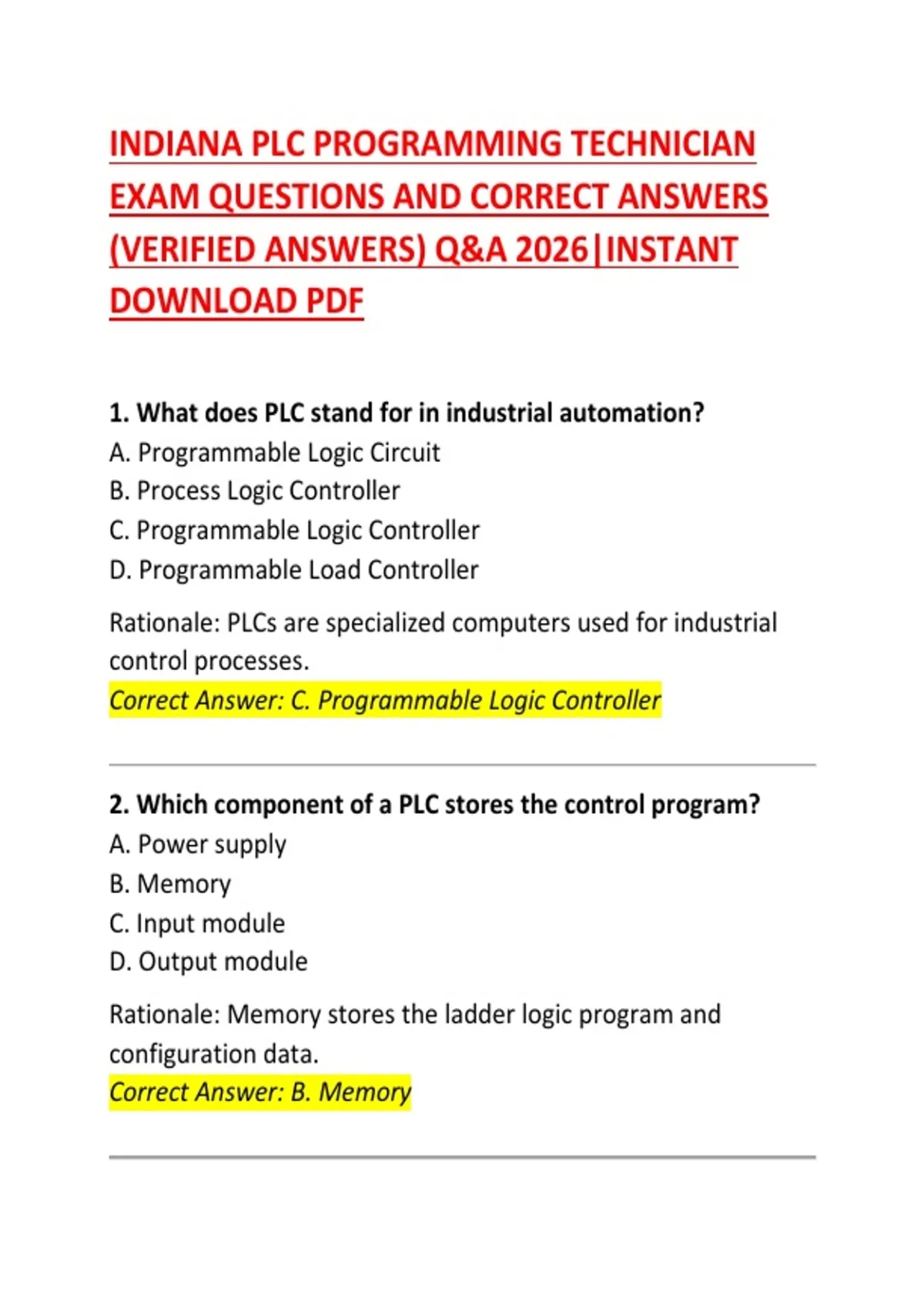 Indiana PLC Programming Technician Exam Questions and Correct Answers ...