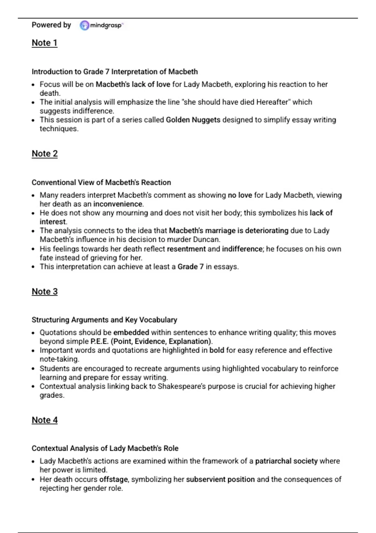 Top GCSE Grade Ideas English Lit Macbeth - English - Stuvia UK