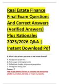 Real Estate Finance &NewLine;Final Exam Questions &NewLine;And Correct Answers &NewLine;&lpar;Verified Answers&rpar; &NewLine;Plus Rationales &NewLine;2025&sol;2026 Q&A &vert; &NewLine;Instant Download Pdf 