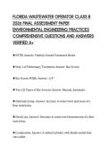 FLORIDA WASTEWATER OPERATOR CLASS B&NewLine;2026 FINAL ASSESSMENT PAPER&NewLine;ENVIRONMENTAL ENGINEERING PRACTICES&NewLine;COMPREHENSIVE QUESTIONS AND ANSWERS&NewLine;VERIFIED A&plus;&NewLine;
