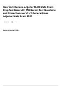 New York General Adjuster 17-70 State Exam Prep Test Bank with 750 Recent Test Questions and Correct Answers&sol; NY General Lines Adjuster State Exam 2026