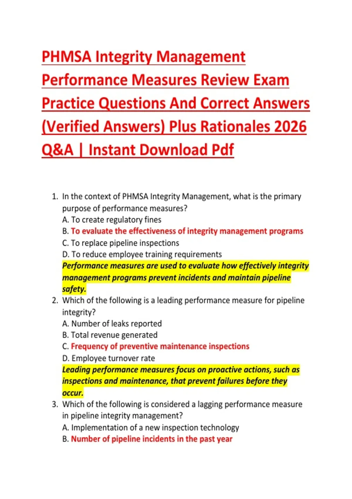 Integrity Examples For Performance Review PHMSA Integrity Management Performance Measures Review Exam Practice ...