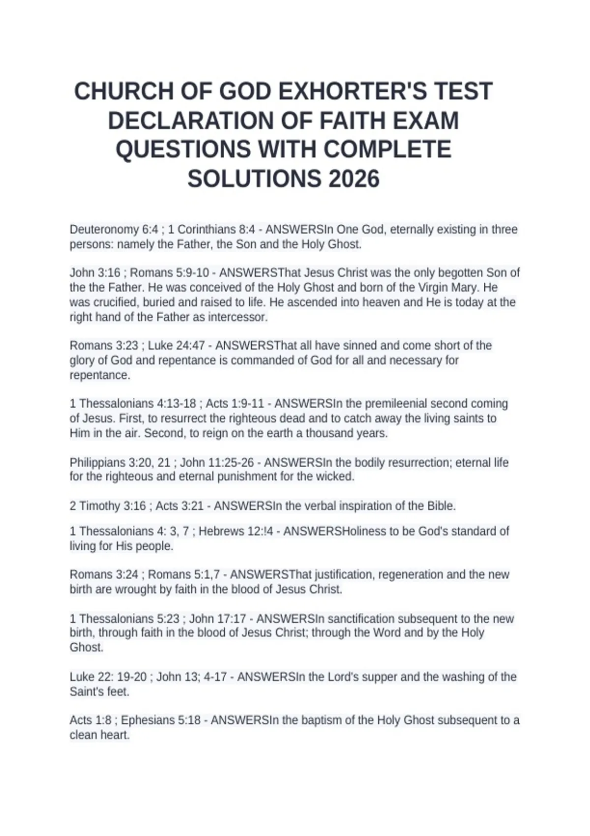 CHURCH OF GOD EXHORTER'S TEST DECLARATION OF FAITH EXAM QUESTIONS WITH ...