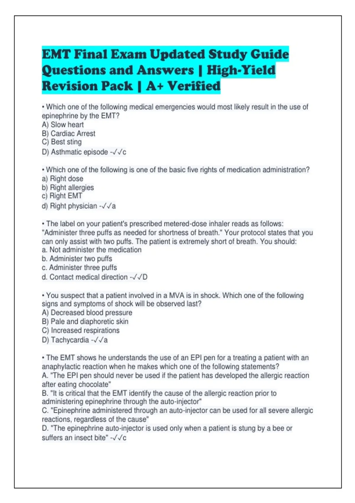 EMT Final Exam Updated Study Guide Questions and Answers | High-Yield ...