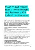 NCLEX-PN 2026 Practice Exam &vert; 180 Verified Q&A with Rationales &vert; NGN&NewLine;Updated &vert; A&plus; Guaranteed