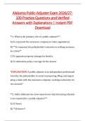 Alabama Public Adjuster Exam 2026&sol;27&colon; &NewLine;100 Practice Questions and Verified &NewLine;Answers with Explanations &vert; Instant PDF &NewLine;Download